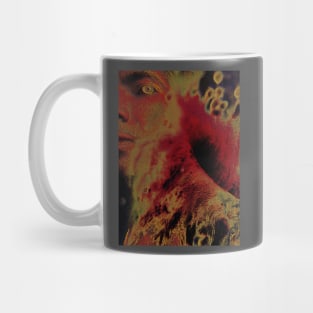 Portrait, digital collage, special processing. Men looking. Behind dark. Very grainy on close, but so beautiful. Red, green. Mug